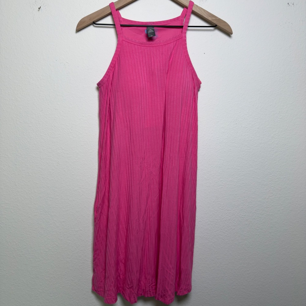 Shebird Women Swing Dress Pink Ribbed Built-in Bra Sleeveless High Neck Mini